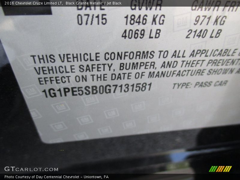 Black Granite Metallic / Jet Black 2016 Chevrolet Cruze Limited LT