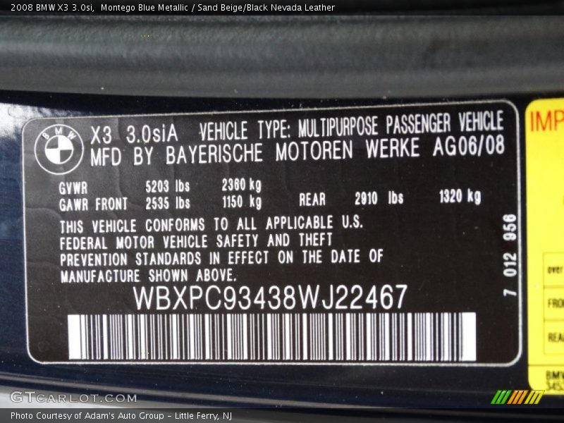 Montego Blue Metallic / Sand Beige/Black Nevada Leather 2008 BMW X3 3.0si