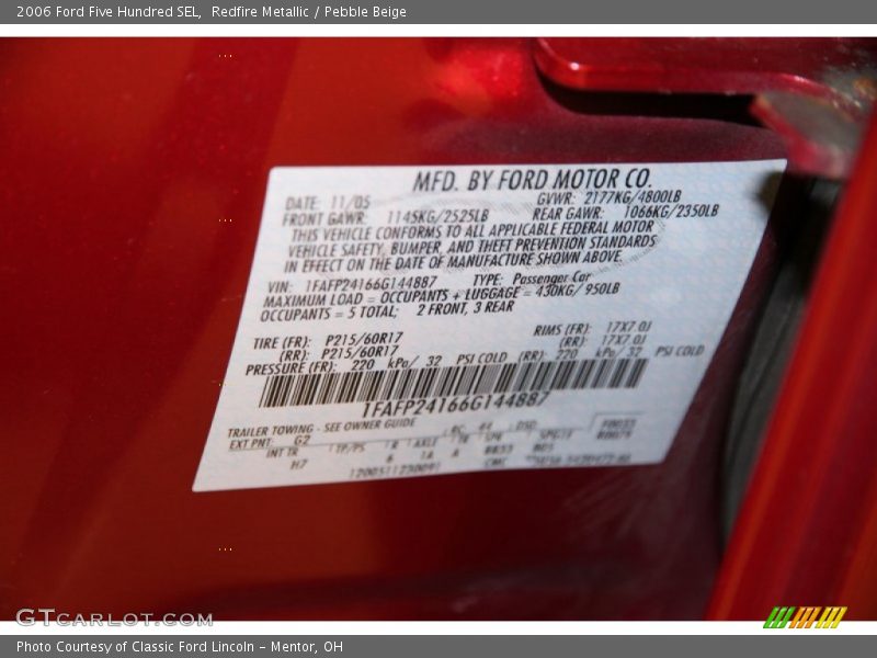 2006 Five Hundred SEL Redfire Metallic Color Code G2