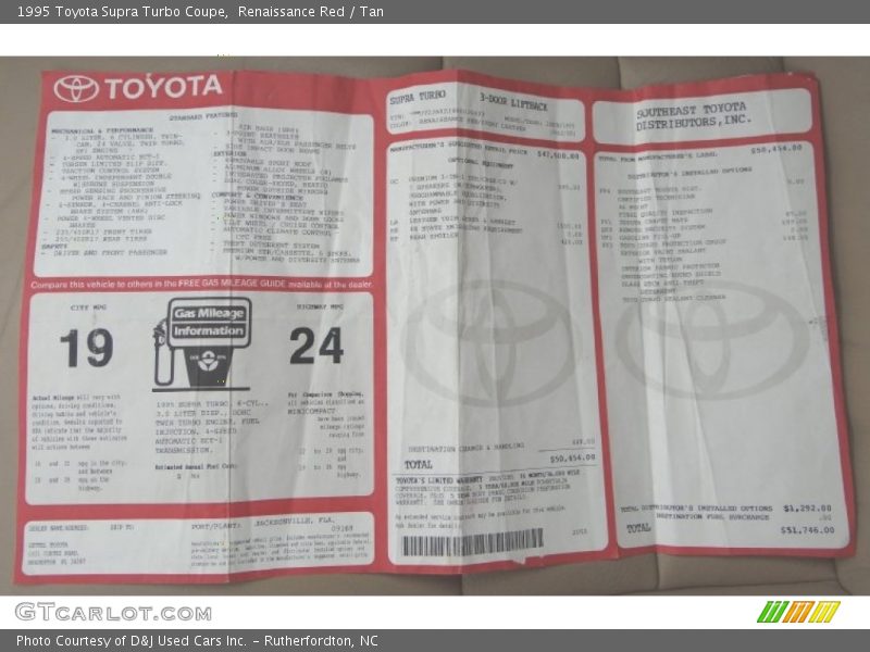  1995 Supra Turbo Coupe Window Sticker
