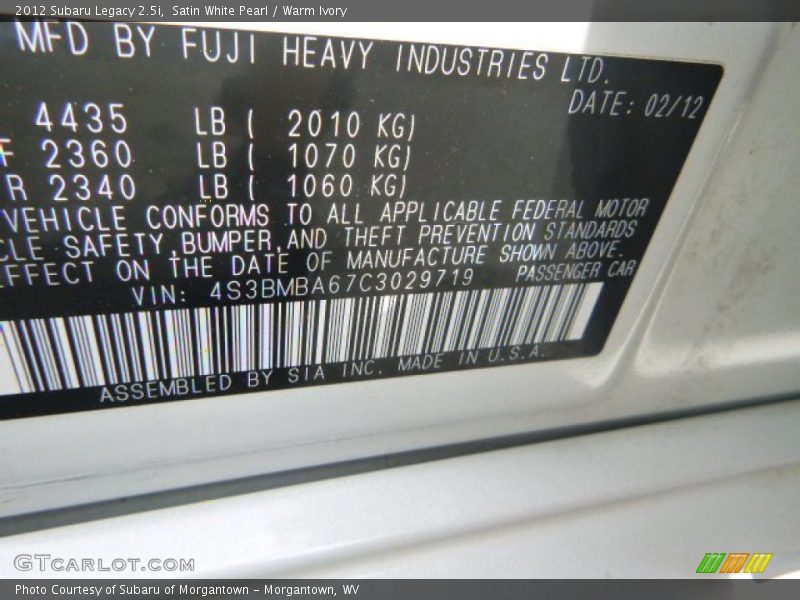 Satin White Pearl / Warm Ivory 2012 Subaru Legacy 2.5i