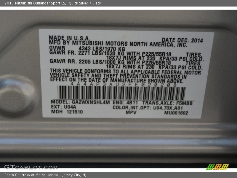 Quick Silver / Black 2015 Mitsubishi Outlander Sport ES