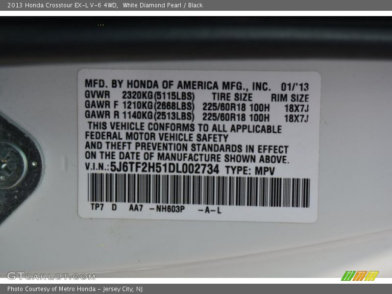 White Diamond Pearl / Black 2013 Honda Crosstour EX-L V-6 4WD