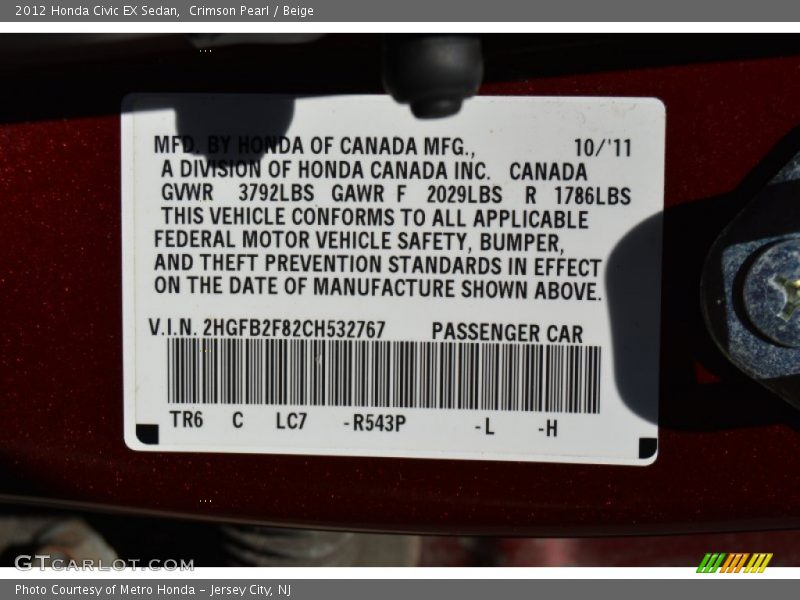 Crimson Pearl / Beige 2012 Honda Civic EX Sedan