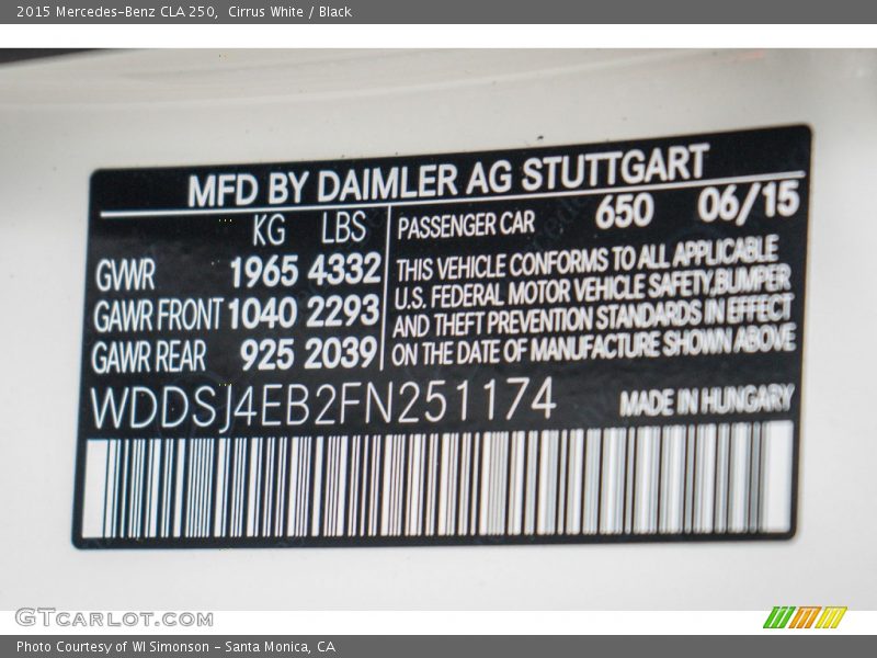 Cirrus White / Black 2015 Mercedes-Benz CLA 250