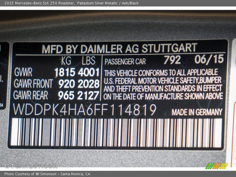 Palladium Silver Metallic / Ash/Black 2015 Mercedes-Benz SLK 250 Roadster