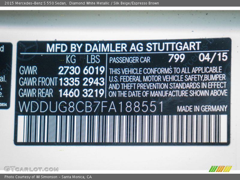 Diamond White Metallic / Silk Beige/Espresso Brown 2015 Mercedes-Benz S 550 Sedan