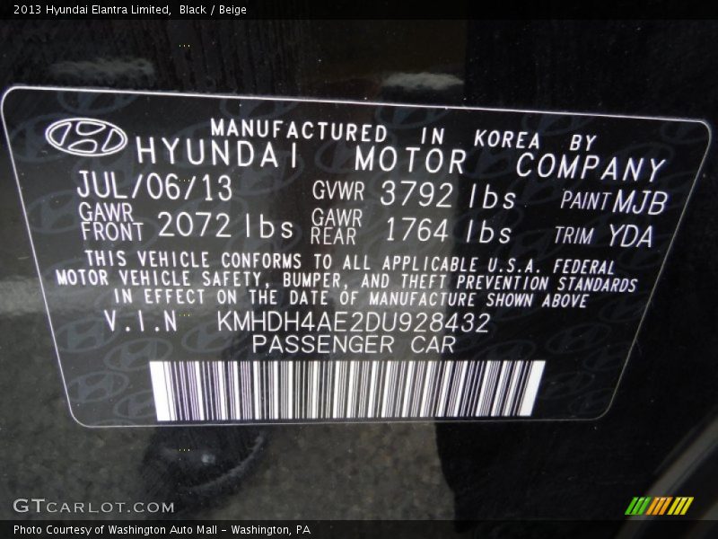 Black / Beige 2013 Hyundai Elantra Limited