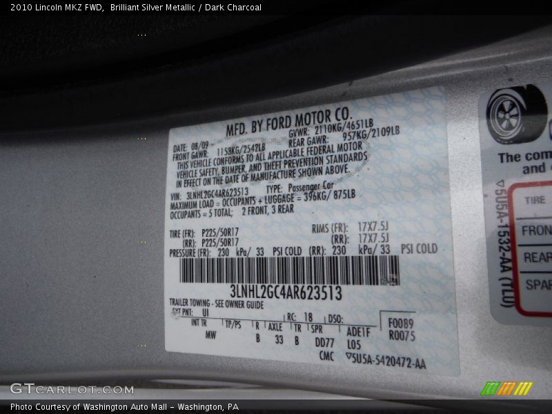 Brilliant Silver Metallic / Dark Charcoal 2010 Lincoln MKZ FWD