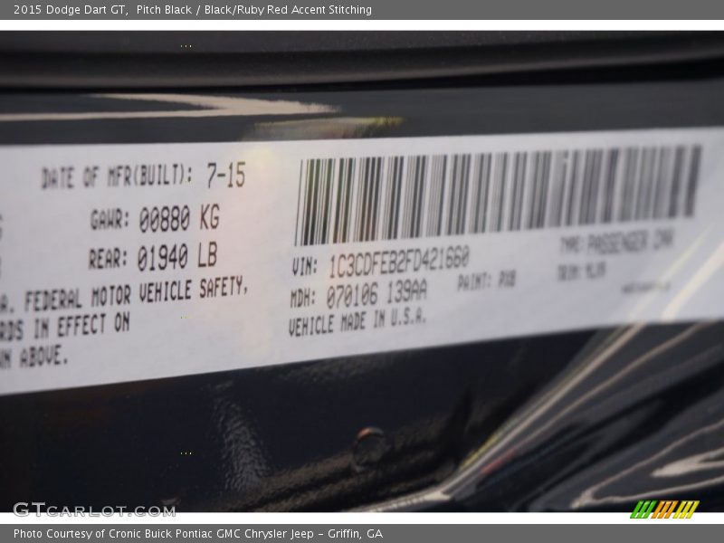 Pitch Black / Black/Ruby Red Accent Stitching 2015 Dodge Dart GT