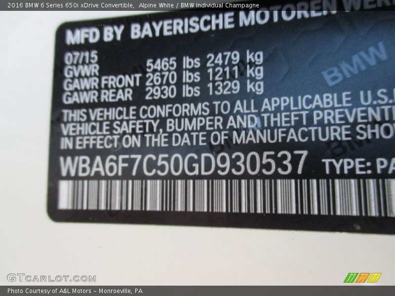 Info Tag of 2016 6 Series 650i xDrive Convertible