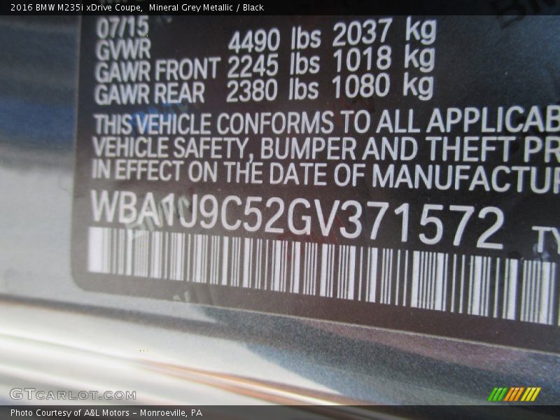 Mineral Grey Metallic / Black 2016 BMW M235i xDrive Coupe