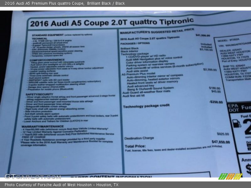  2016 A5 Premium Plus quattro Coupe Window Sticker