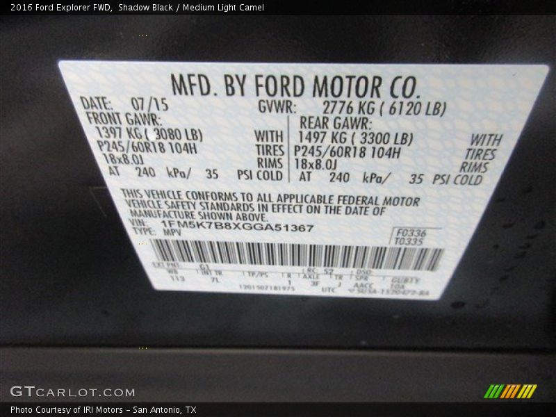 2016 Explorer FWD Shadow Black Color Code G1