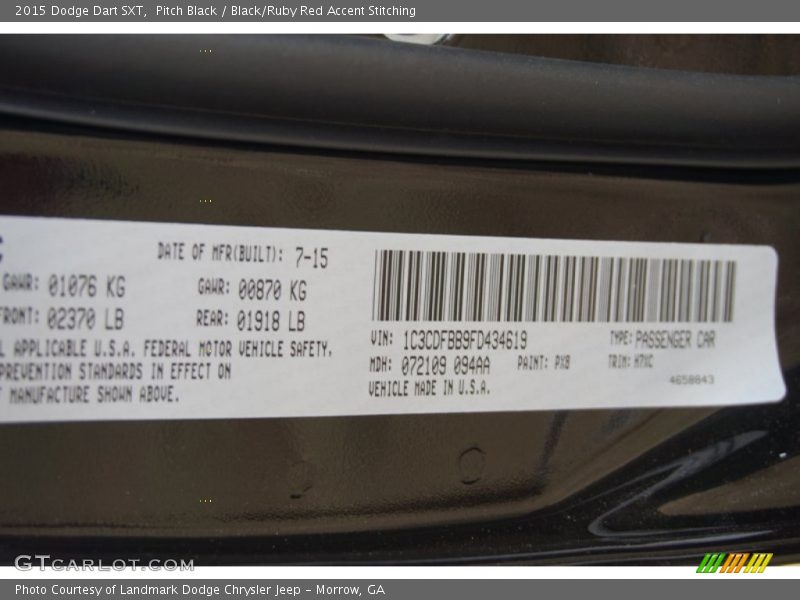 Pitch Black / Black/Ruby Red Accent Stitching 2015 Dodge Dart SXT