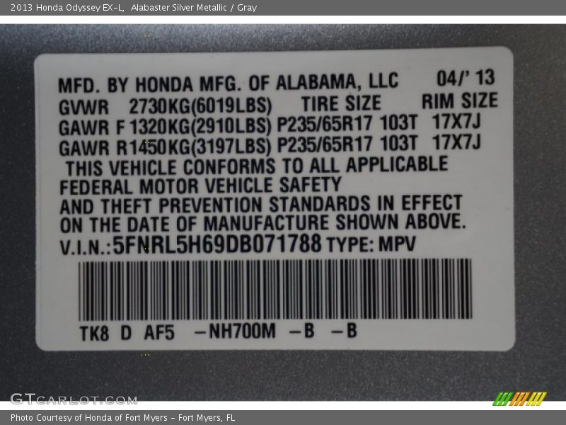 Alabaster Silver Metallic / Gray 2013 Honda Odyssey EX-L