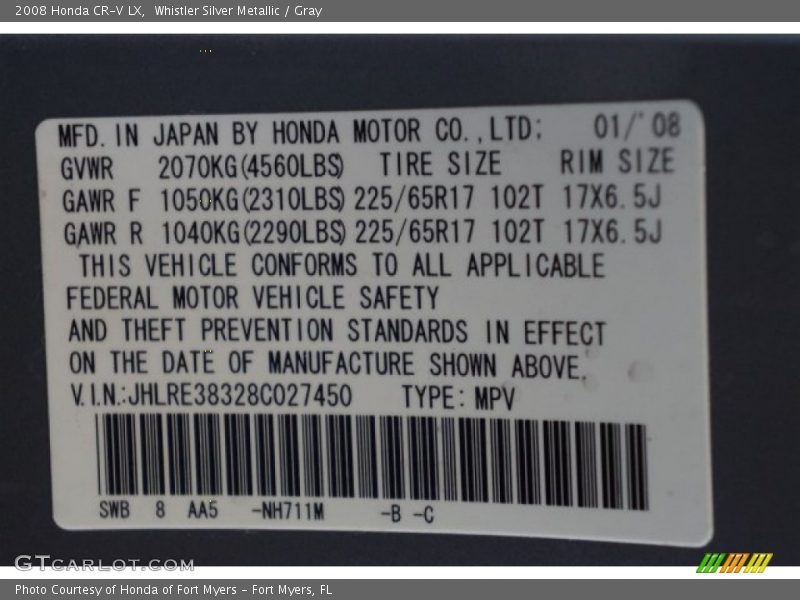 Whistler Silver Metallic / Gray 2008 Honda CR-V LX