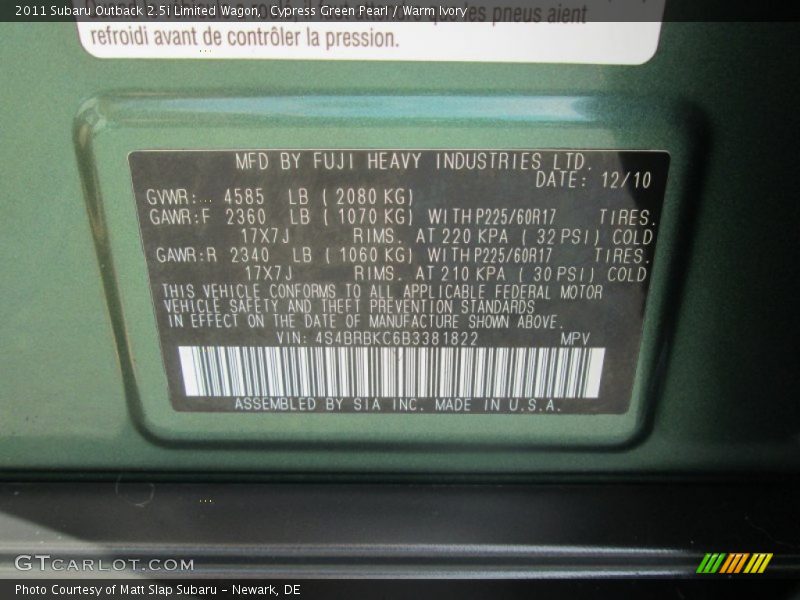 Cypress Green Pearl / Warm Ivory 2011 Subaru Outback 2.5i Limited Wagon