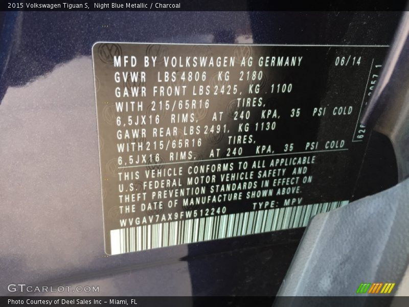 Night Blue Metallic / Charcoal 2015 Volkswagen Tiguan S
