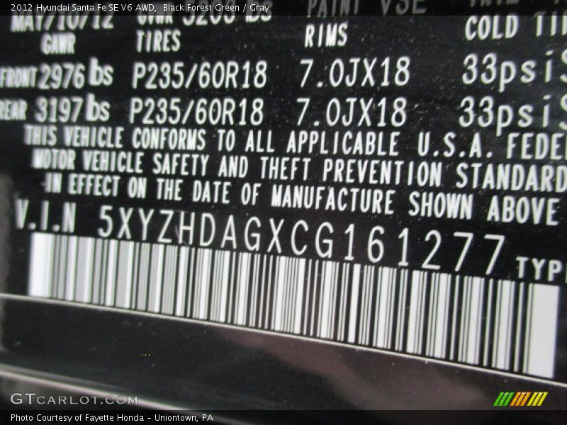 Black Forest Green / Gray 2012 Hyundai Santa Fe SE V6 AWD