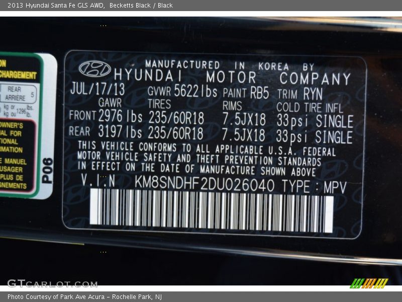 Becketts Black / Black 2013 Hyundai Santa Fe GLS AWD