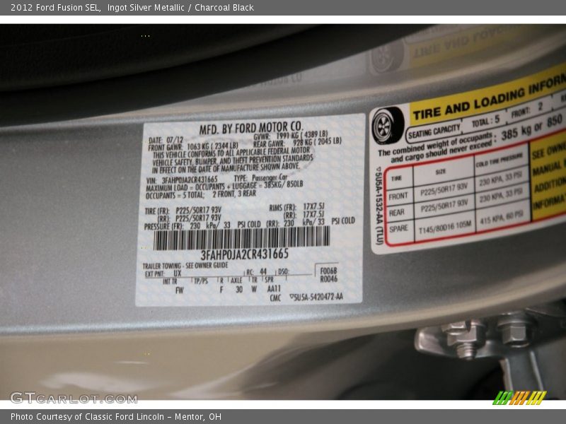 Ingot Silver Metallic / Charcoal Black 2012 Ford Fusion SEL
