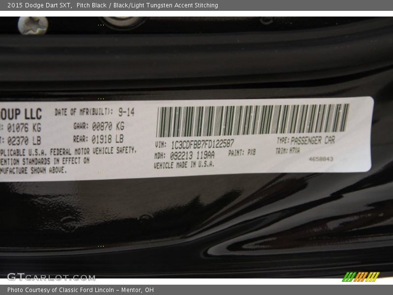 Pitch Black / Black/Light Tungsten Accent Stitching 2015 Dodge Dart SXT
