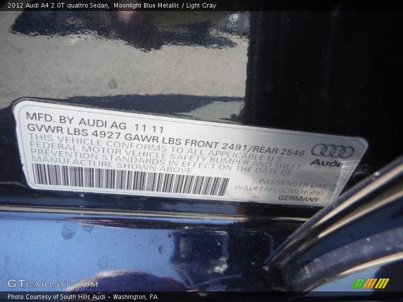 Moonlight Blue Metallic / Light Gray 2012 Audi A4 2.0T quattro Sedan