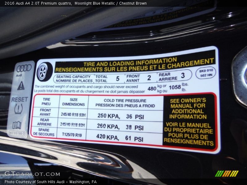 Moonlight Blue Metallic / Chestnut Brown 2016 Audi A4 2.0T Premium quattro