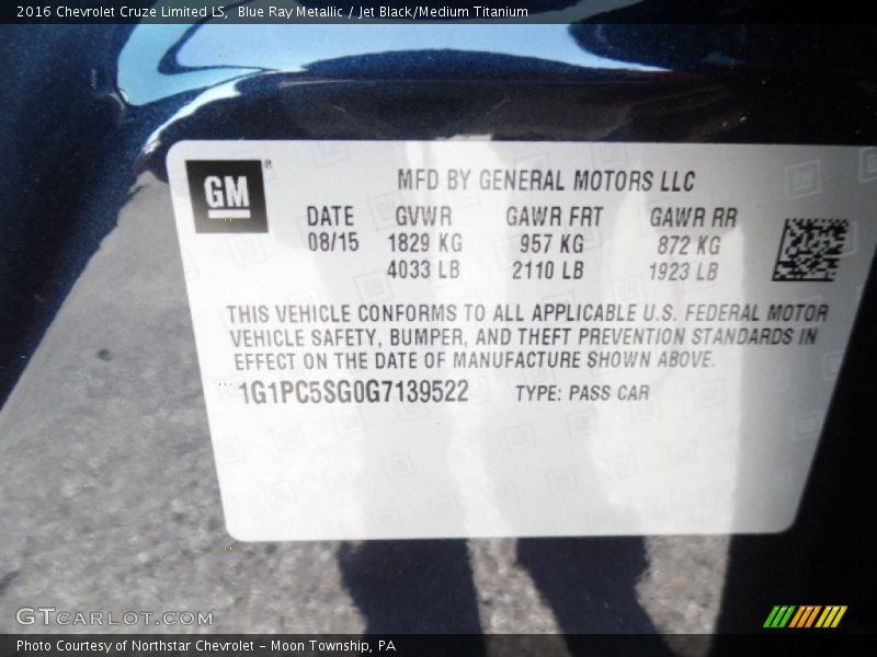 Blue Ray Metallic / Jet Black/Medium Titanium 2016 Chevrolet Cruze Limited LS