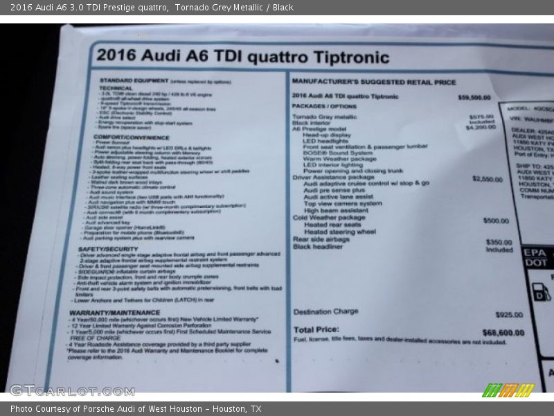  2016 A6 3.0 TDI Prestige quattro Window Sticker