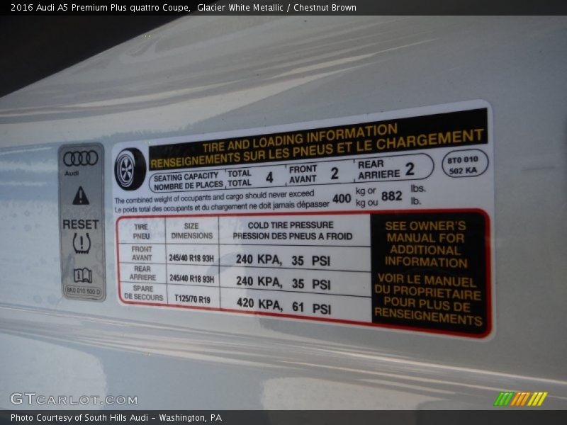 Info Tag of 2016 A5 Premium Plus quattro Coupe