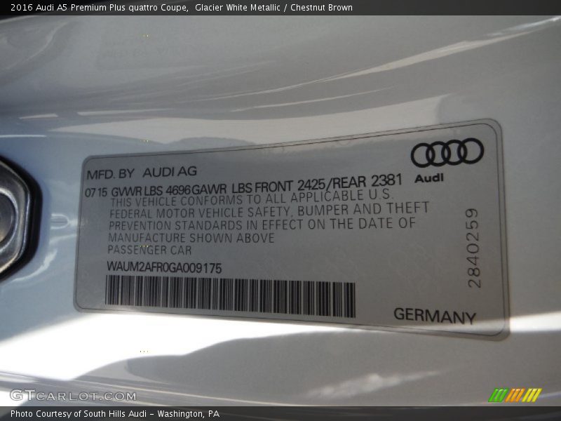 Glacier White Metallic / Chestnut Brown 2016 Audi A5 Premium Plus quattro Coupe