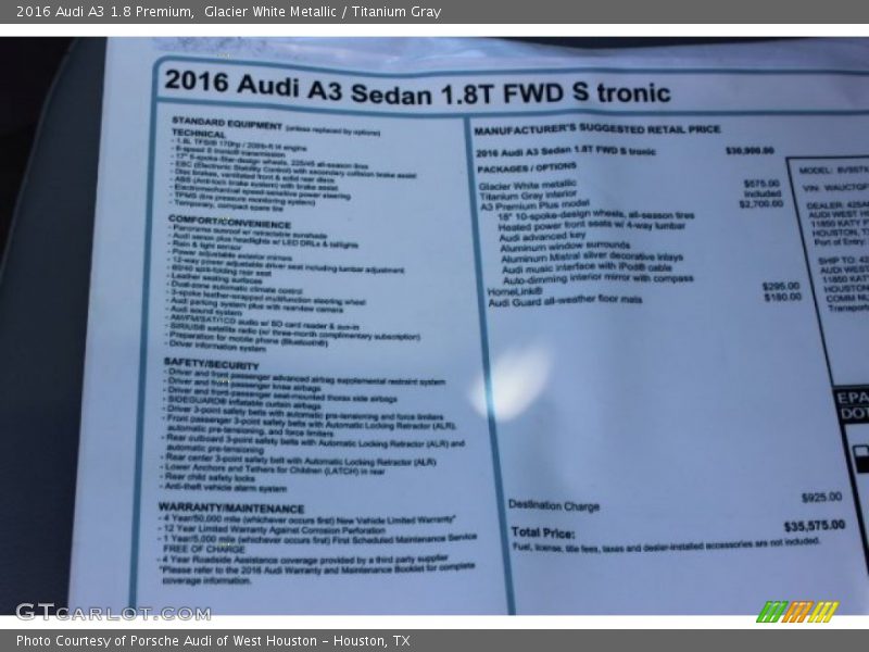 Glacier White Metallic / Titanium Gray 2016 Audi A3 1.8 Premium
