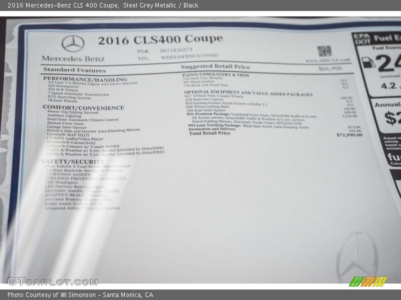  2016 CLS 400 Coupe Window Sticker