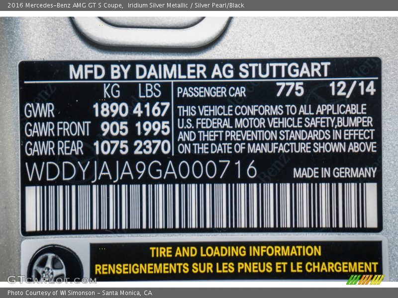 2016 AMG GT S Coupe Iridium Silver Metallic Color Code 775