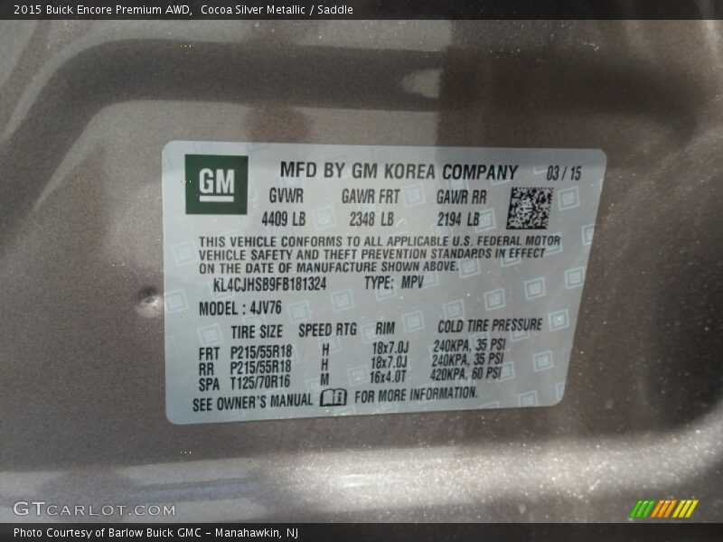 Cocoa Silver Metallic / Saddle 2015 Buick Encore Premium AWD