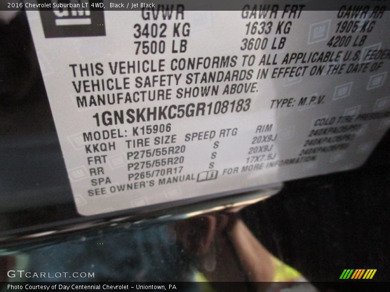 Black / Jet Black 2016 Chevrolet Suburban LT 4WD