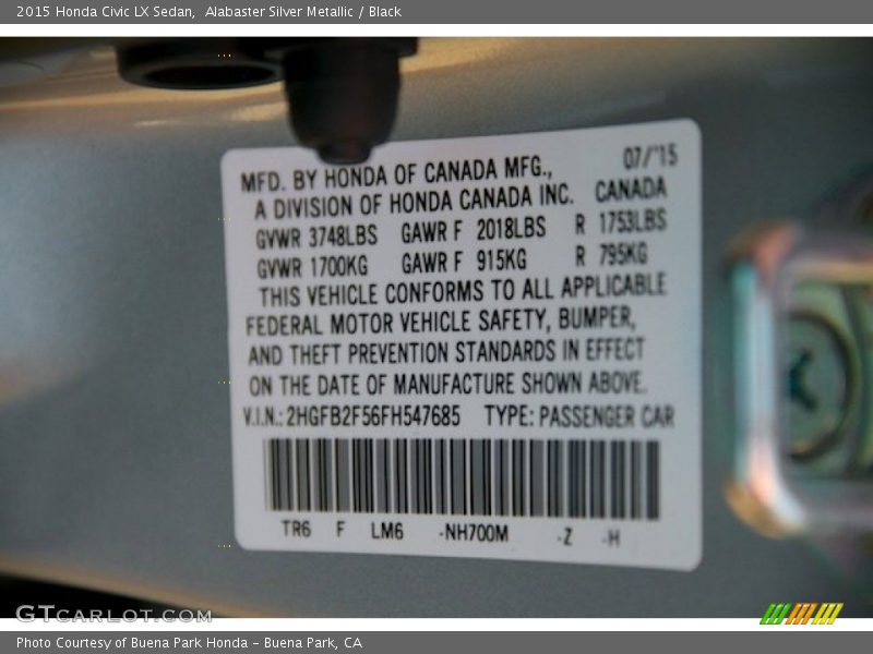 Alabaster Silver Metallic / Black 2015 Honda Civic LX Sedan