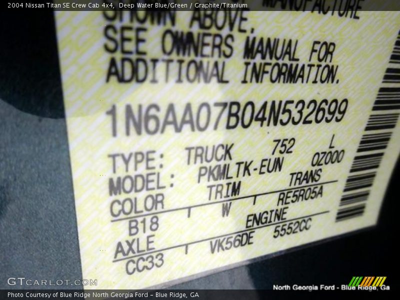Deep Water Blue/Green / Graphite/Titanium 2004 Nissan Titan SE Crew Cab 4x4