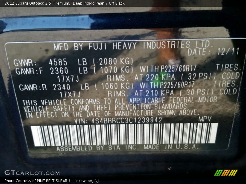 Deep Indigo Pearl / Off Black 2012 Subaru Outback 2.5i Premium