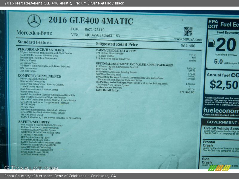  2016 GLE 400 4Matic Window Sticker