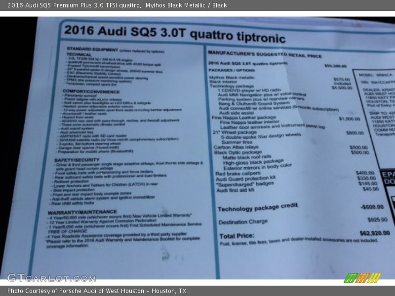 Mythos Black Metallic / Black 2016 Audi SQ5 Premium Plus 3.0 TFSI quattro