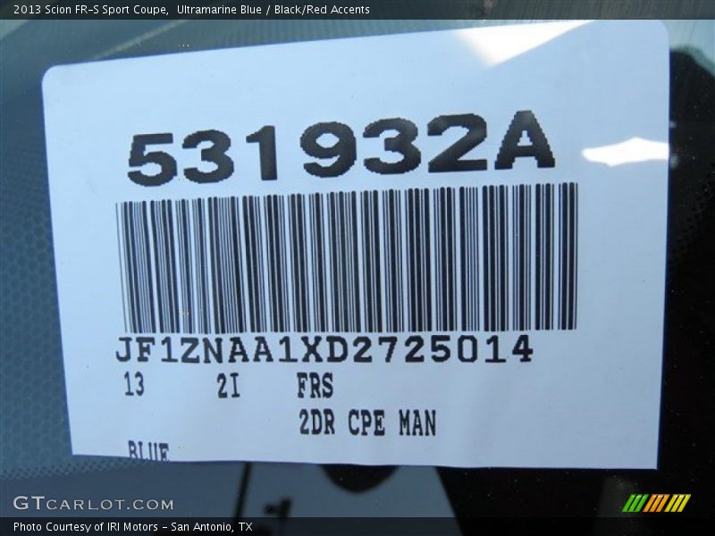 Ultramarine Blue / Black/Red Accents 2013 Scion FR-S Sport Coupe