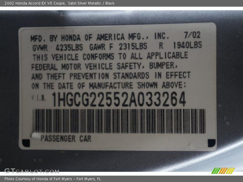 Satin Silver Metallic / Black 2002 Honda Accord EX V6 Coupe
