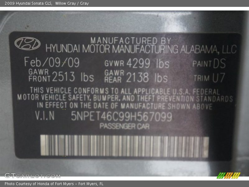 Willow Gray / Gray 2009 Hyundai Sonata GLS