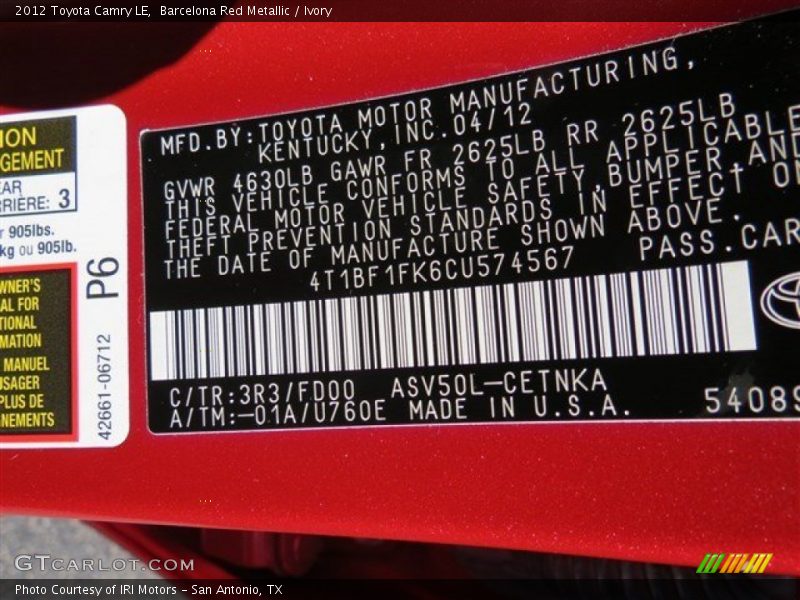 Barcelona Red Metallic / Ivory 2012 Toyota Camry LE