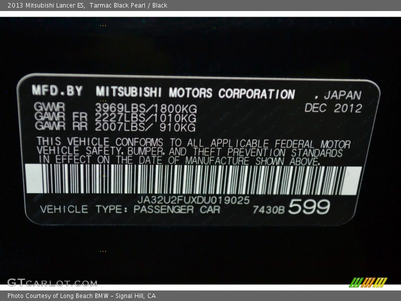 Tarmac Black Pearl / Black 2013 Mitsubishi Lancer ES