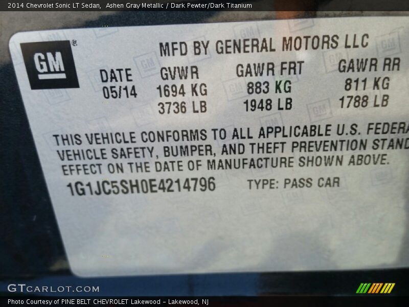 Ashen Gray Metallic / Dark Pewter/Dark Titanium 2014 Chevrolet Sonic LT Sedan