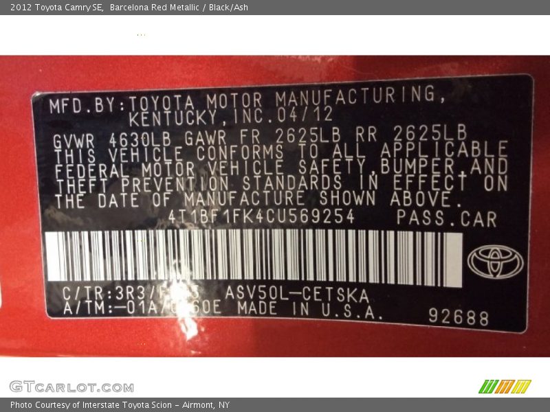 Barcelona Red Metallic / Black/Ash 2012 Toyota Camry SE